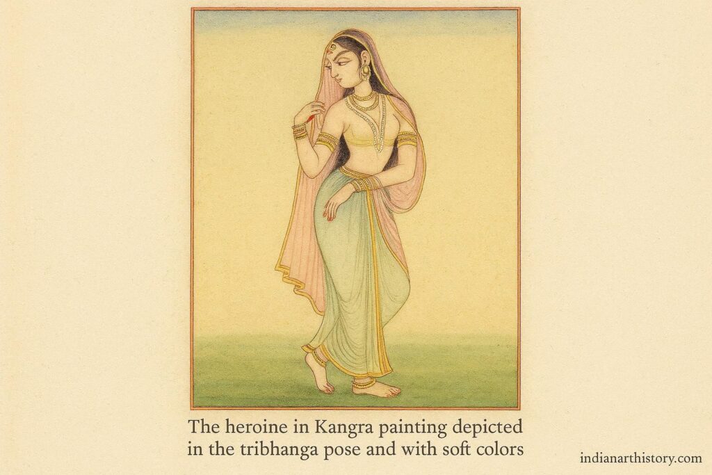 The heroine in Kangra painting - depicted in the Tribhanga pose and with soft colors.