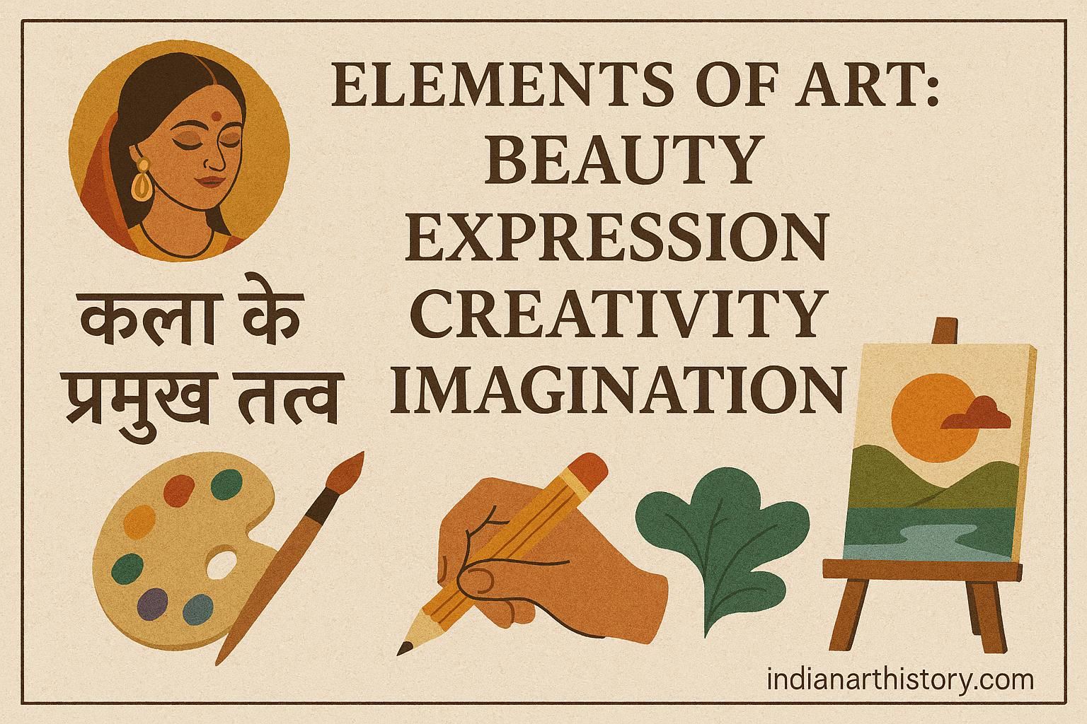 कला के प्रमुख तत्व सौंदर्य, अभिव्यक्ति, सृजनात्मकता और कल्पना The main elements of art are beauty, expression, creativity, and imagination.