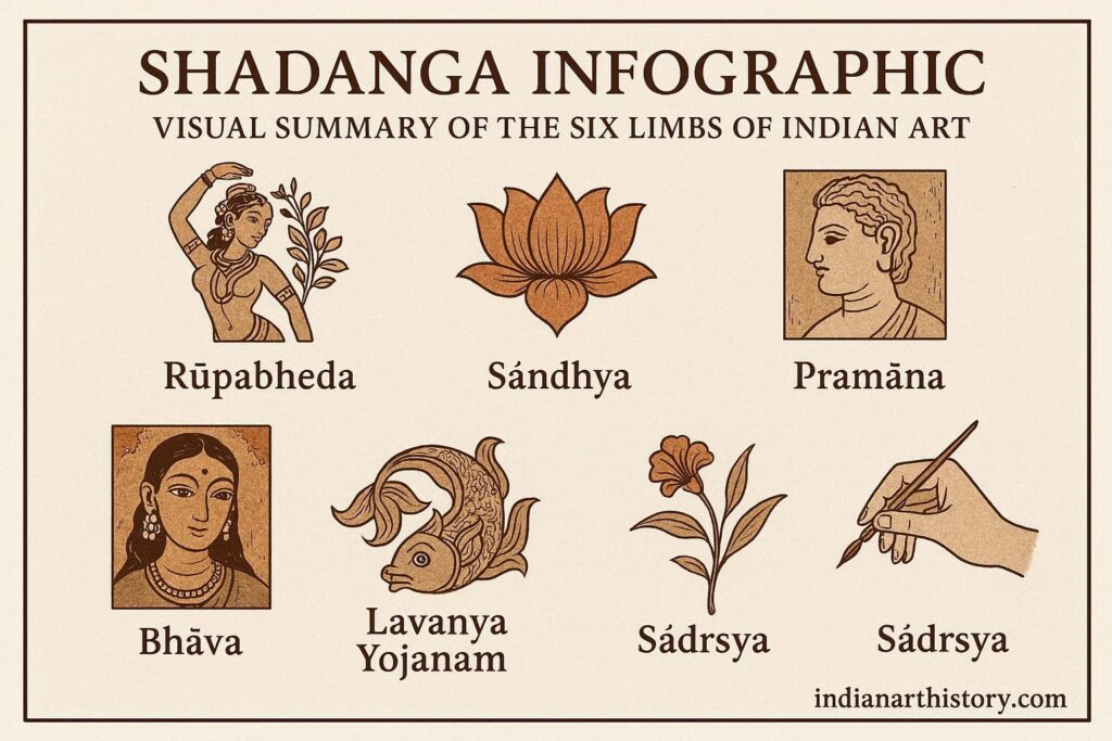 षडंग इन्फोग्राफिक - भारतीय कला के छह अंगों का दृश्य सारांश