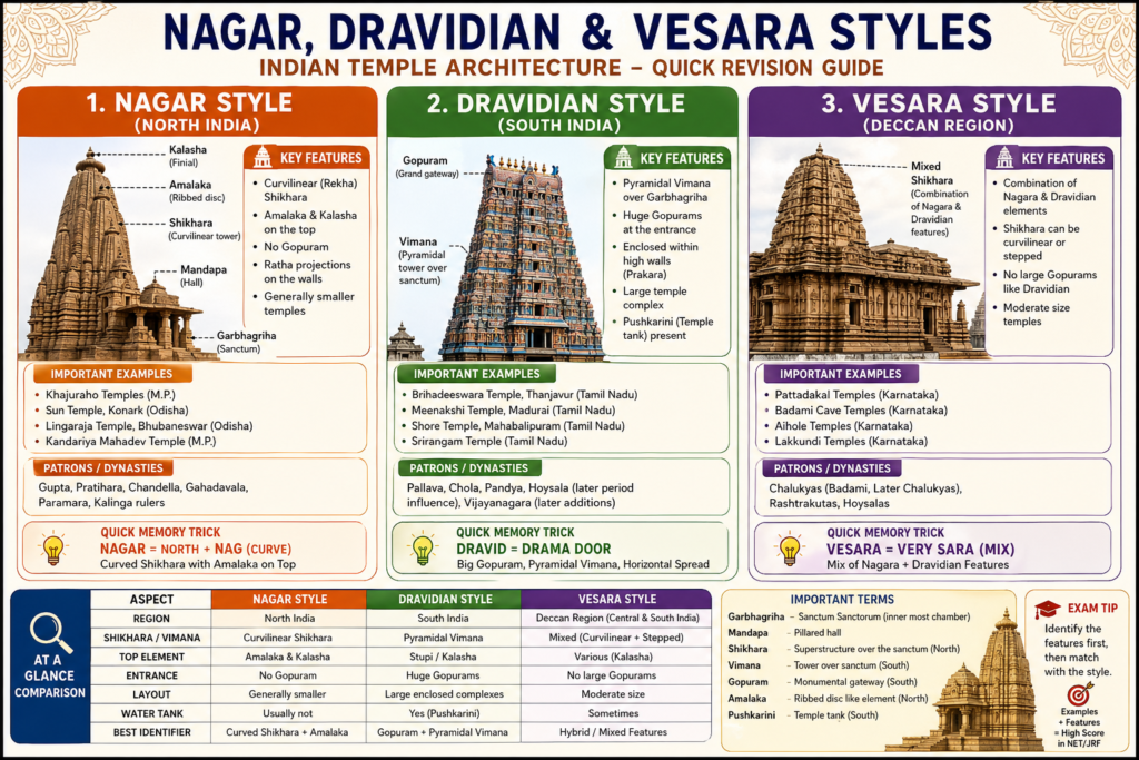 तुलनात्मक तालिका — नागर vs द्रविड़ vs वेसर